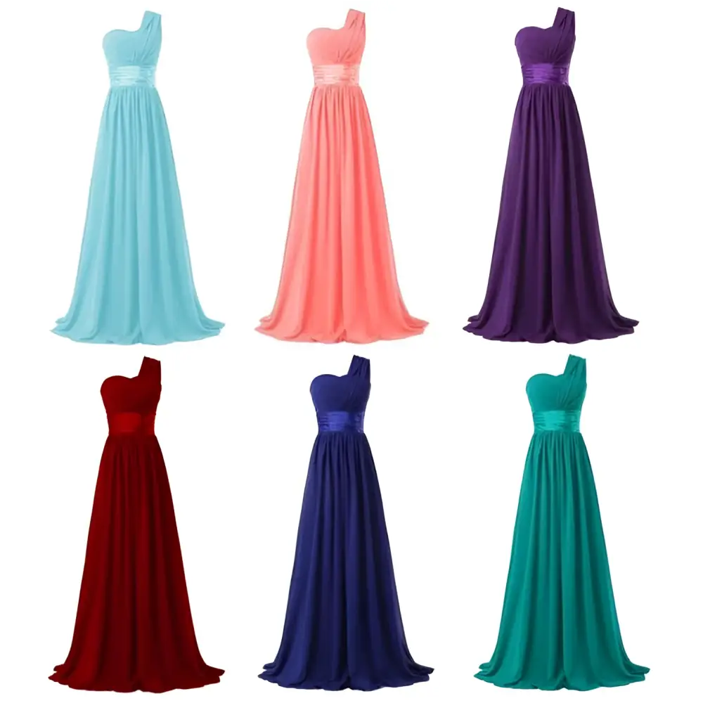Six elegant chiffon one-shoulder banquet evening dresses in pastel blue coral pink deep purple burgundy red navy and teal green with satin sash
