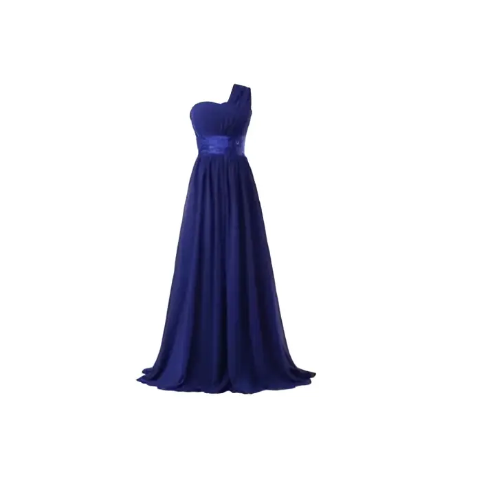 A flowing royal blue chiffon one-shoulder banquet evening dress with a fitted bodice and sheer pleated skirt