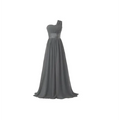 A flowing gray chiffon one-shoulder evening dress with a fitted bodice and floor-length skirt for banquet evening events