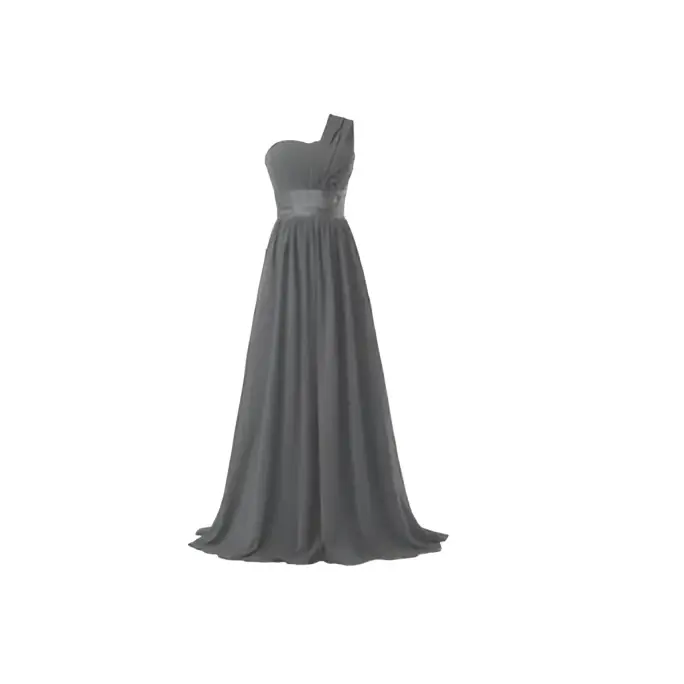 A flowing gray chiffon one-shoulder banquet evening dress with a fitted bodice and elegant floor-length skirt