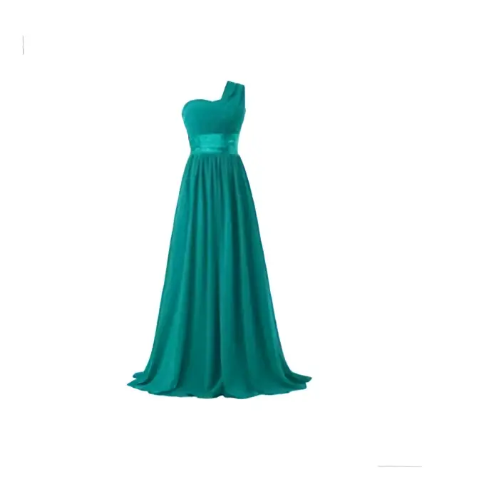 Emerald green chiffon one-shoulder banquet evening dress with a satin sash at the waist floor-length gown