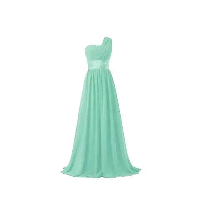 A flowing mint green chiffon one-shoulder banquet evening dress with a fitted waistband and satin sash detail