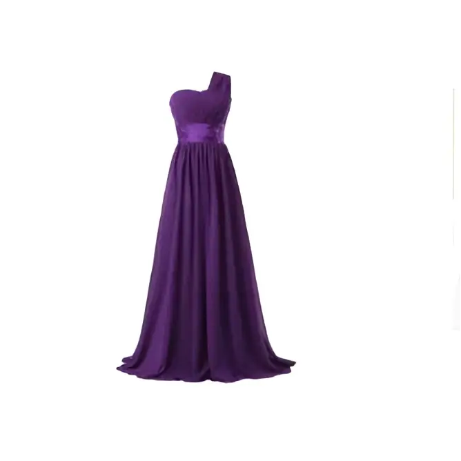 A flowing purple chiffon one-shoulder banquet evening dress with a satin sash at the waist