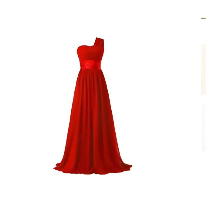 Red chiffon one-shoulder banquet evening dress with fitted bodice pleated skirt and satin sash detail