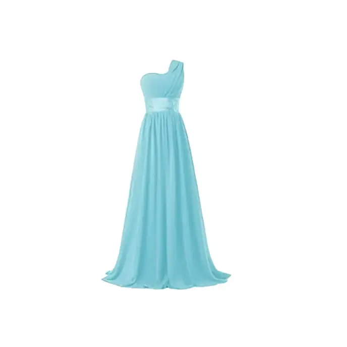 A flowing light blue chiffon one-shoulder banquet evening dress with fitted bodice and soft pleated skirt