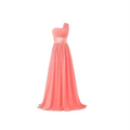 A flowing coral chiffon one-shoulder banquet evening dress with a satin belt at the waist for formal events