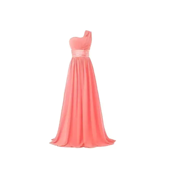 A flowing coral chiffon one-shoulder banquet evening dress with a satin belt at the waist for formal events
