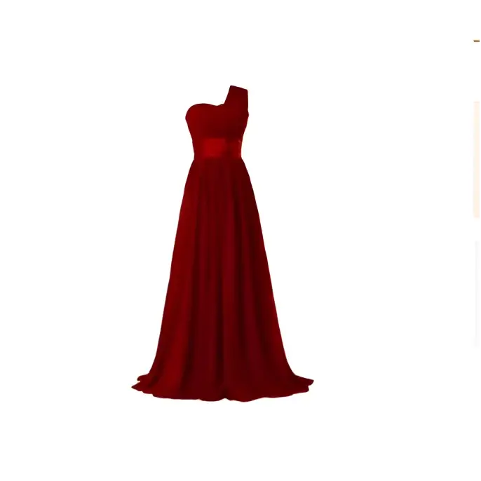 A flowing deep red chiffon one-shoulder banquet evening dress with a fitted bodice and floor-length skirt