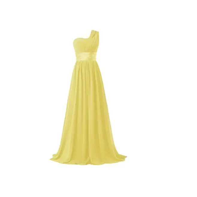 A flowing yellow chiffon one-shoulder banquet evening dress with a matching satin sash for formal occasions