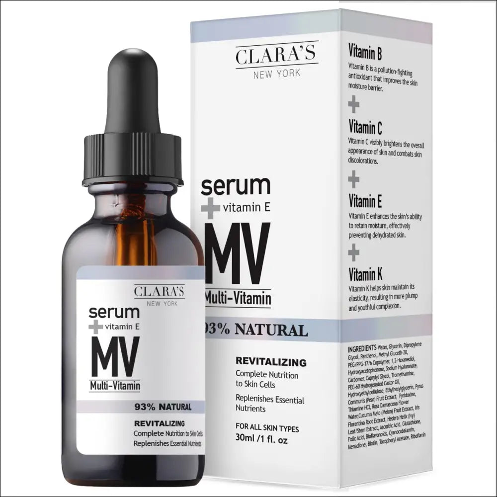 Clara new york multi vitamin facial serum in dark amber glass dropper bottle for resilient skin clean beauty use