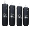 Black boxing hanging sanda hollow sandbag with white chinese characters hanging from silver chains for training