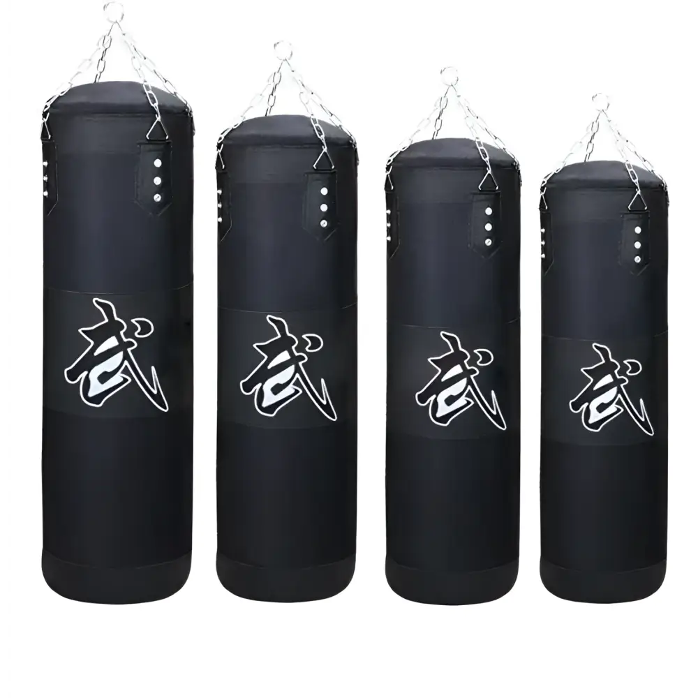 Black boxing hanging sanda hollow sandbag with white chinese character hanging from silver chains multicolor boxing hanging
