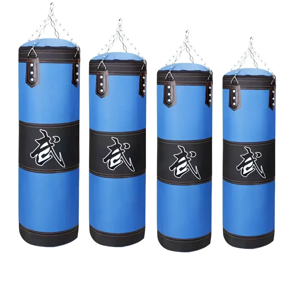 Blue boxing hanging sanda with black accents and white chinese characters featuring chains for hanging sanda hollow sandbag