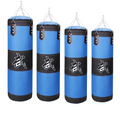 Blue boxing hanging sanda bags with black accents white Chinese characters and chains for hanging sanda hollow sandbag