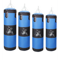 Blue boxing hanging sanda punching bags with black accents, white Chinese characters, and durable fabric exterior