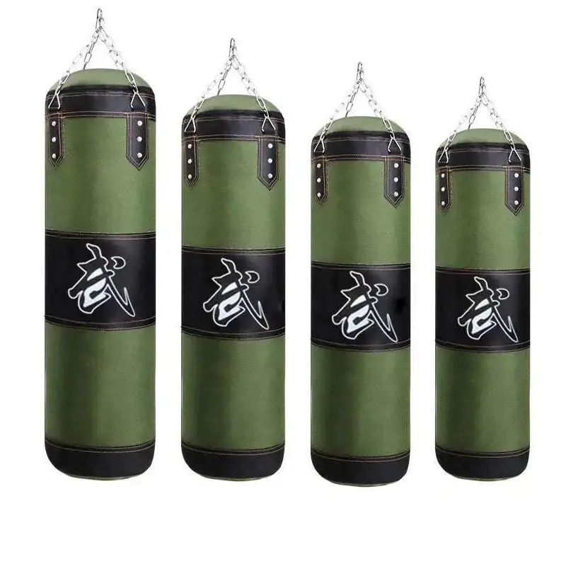 Four olive green boxing hanging sanda bags with black leather trim and white chinese characters hanging by chains