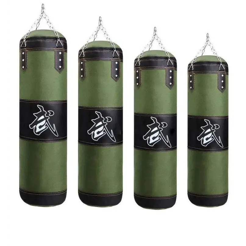 Four olive green boxing hanging sanda punching bags with black leather accents and white chinese characters hanging from chains