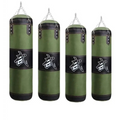 Four olive green boxing hanging sanda hollow sandbags with black leather trim and white chinese characters hanging from chains