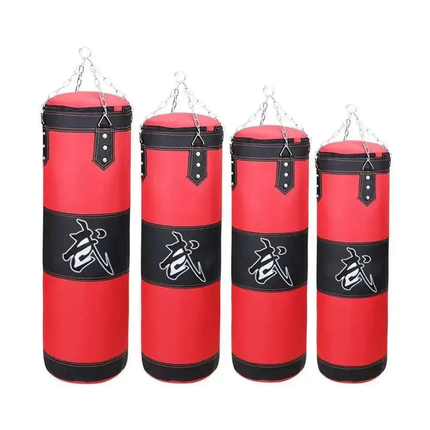 Red and black multicolor boxing hanging sanda hollow sandbag with bold white Chinese character design for training