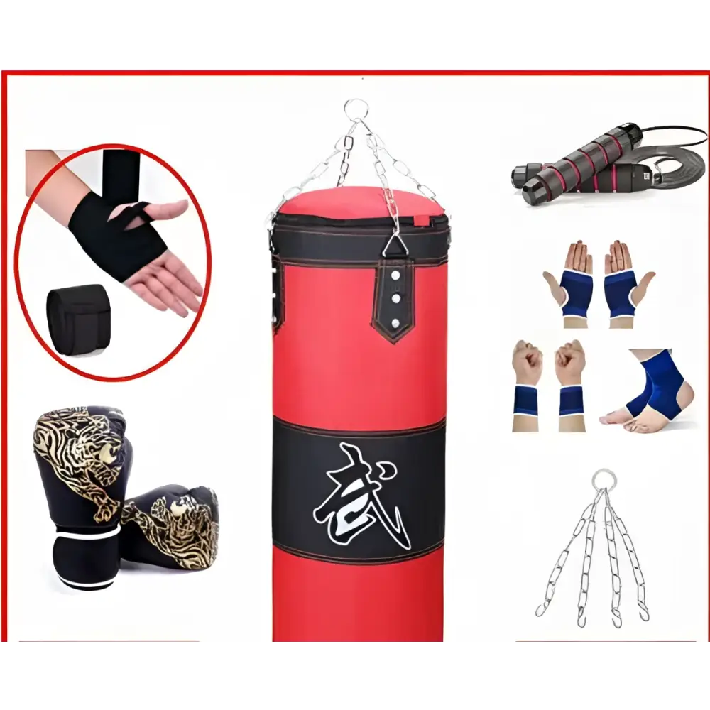 Multicolor boxing hanging sanda hollow sandbag in red and black with bold chinese character design for training use