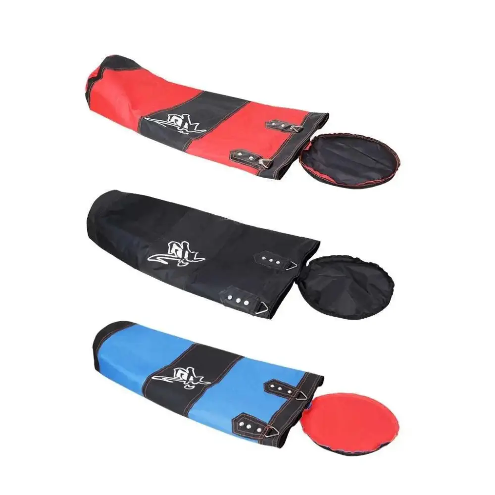 Multicolor boxing hanging sanda features red black and blue padded boxing gloves with matching circular hand wraps