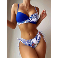 Multicolor drawstring backless underwire hard bag bikini set with blue and white tropical floral print and high-waisted bottoms