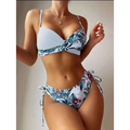 White and green tropical leaf print multicolor drawstring backless underwire hard bag bikini set with side ties