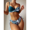 Teal and white tropical leaf print multicolor drawstring backless underwire hard bag bikini set with side ties