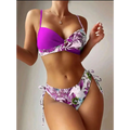 Multicolor drawstring backless underwire hard bag bikini set featuring purple and white tropical leaf pattern with side ties