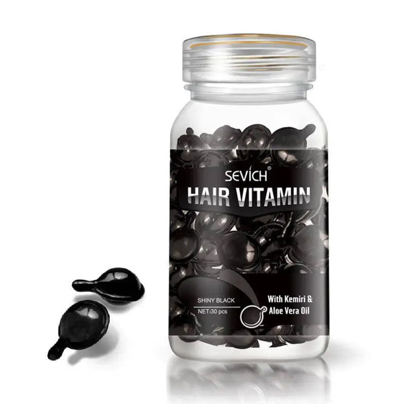 Three transparent sevich hair care bottles containing red gold and purple multicolor hair care capsules for diverse benefits