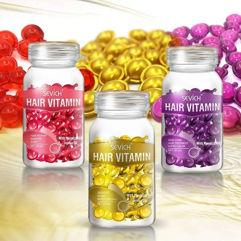 Three transparent sevich hair care bottles containing red gold and purple multicolor hair care capsules for diverse benefits