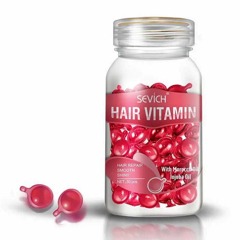 Sevich multicolor hair care capsules in a transparent glass bottle containing 30 red hair care capsules for diverse benefits