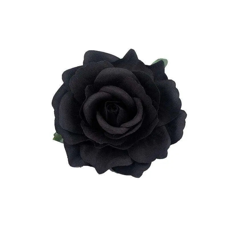 A plush black rose flocking cloth headdress hairpin with soft layered petals and subtle green stem accents