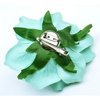 A delicate mint green fabric flower brooch with layered petals and silver clasp for multicolor red roses flocking cloth headdress