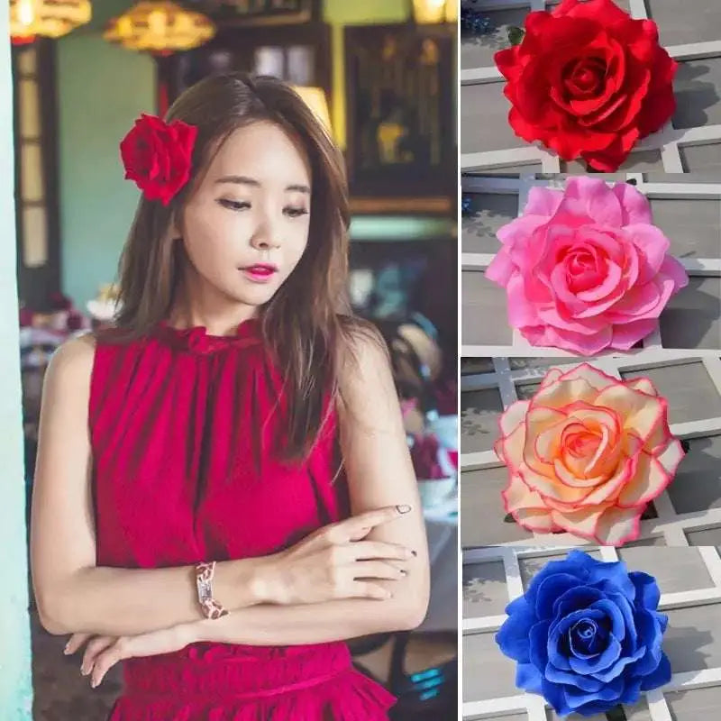 Multicolor red roses flocking cloth headdress hairpin featuring vibrant red pink peach and blue layered petals