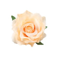 A delicate peach-colored artificial rose with soft petals and green leaves on a multicolor red roses flocking cloth headdress hairpin