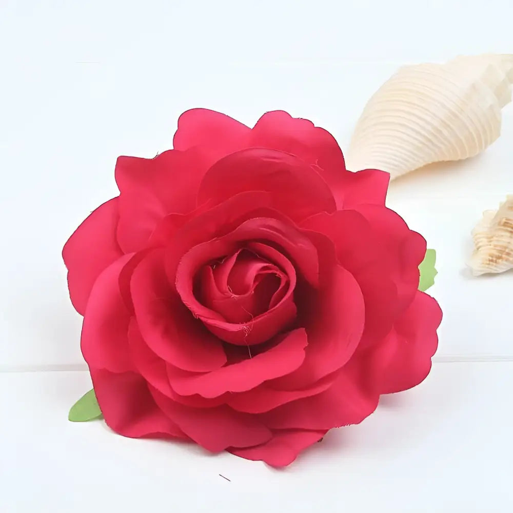 Vibrant multicolor red roses flocking cloth headdress hairpin featuring a red fabric rose with green leaf accents