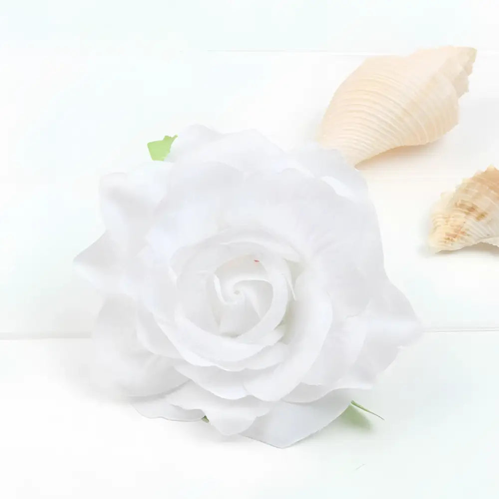 Delicate white artificial rose on a multicolor red roses flocking cloth headdress hairpin with soft layered petals