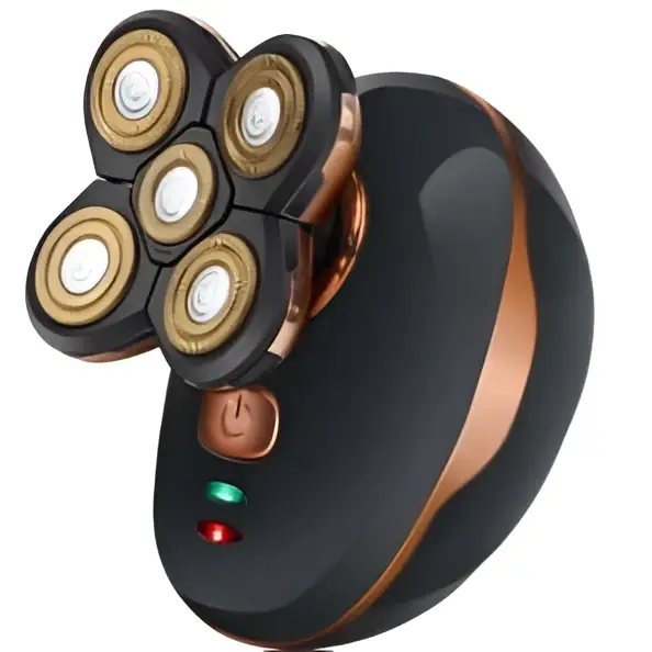 Multifunction 4d electric shaver in black and rose gold with five rotary cutting heads and precision trimmer head
