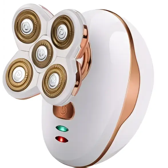 Multifunction 4d electric shaver with five rotary white and rose gold heads and precision trimmer head for smooth grooming