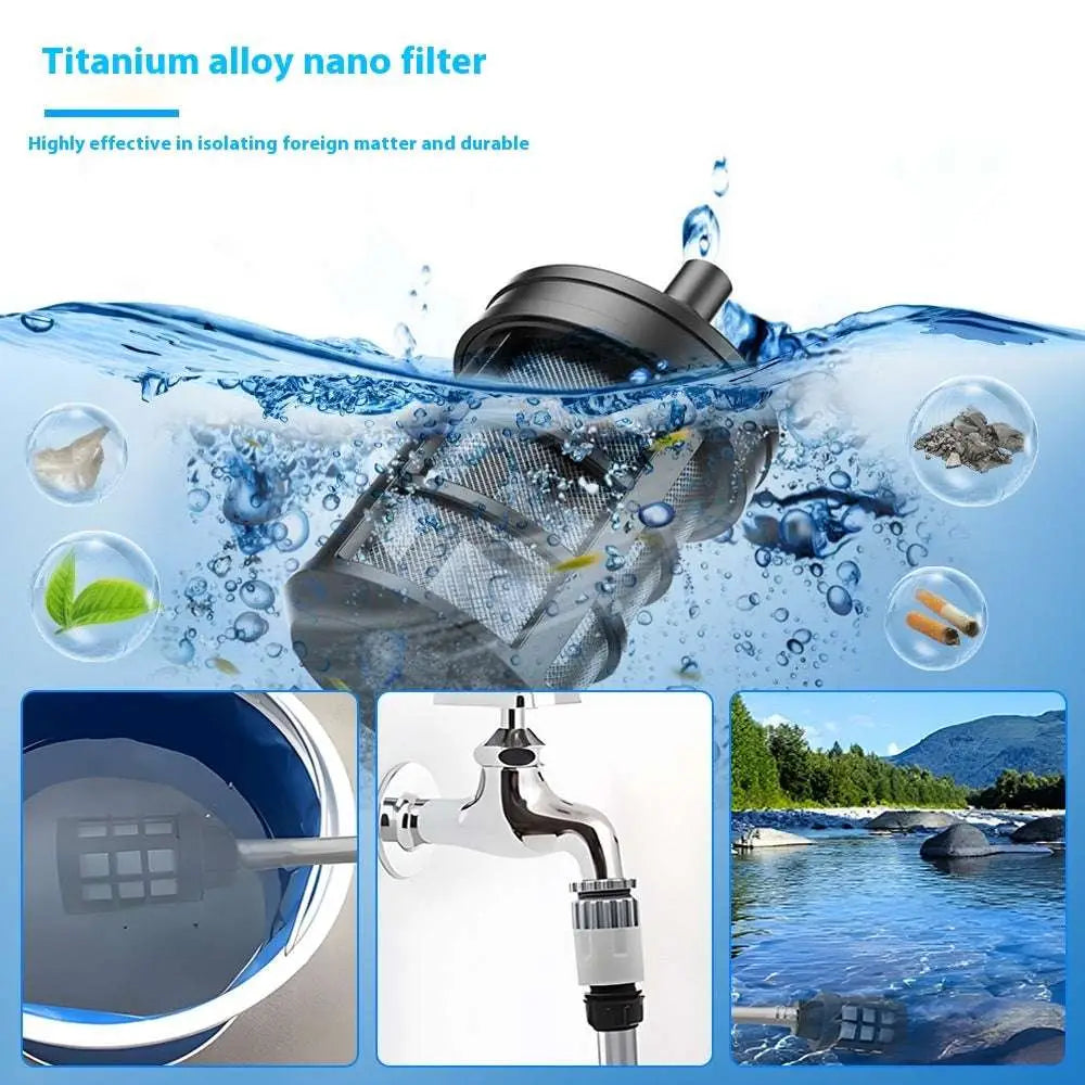 Titanium alloy nano filter with mesh design and black plastic top submerged in water for multifunctional car wash pressure water gun