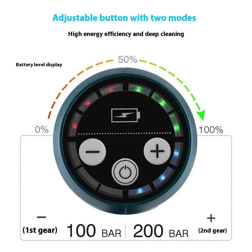 Circular digital control panel with red green led battery indicators and silver buttons on multifunctional car wash pressure water gun