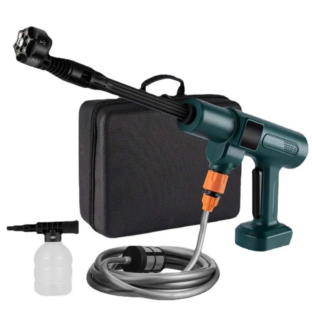 Multifunctional car wash pressure water gun in green and orange with long black nozzle, gray hose, and carrying case included