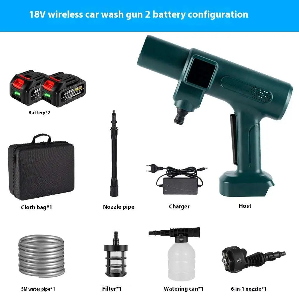 Green cordless multifunctional car wash pressure water gun with orange accents and black 388v batteries shown without carrying case