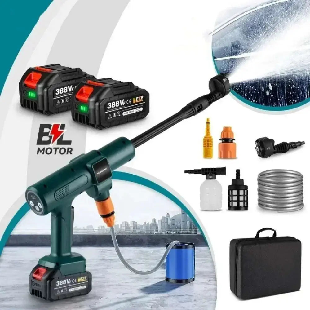 Green cordless multifunctional car wash pressure water gun with orange accents and black 388v batteries shown without carrying case