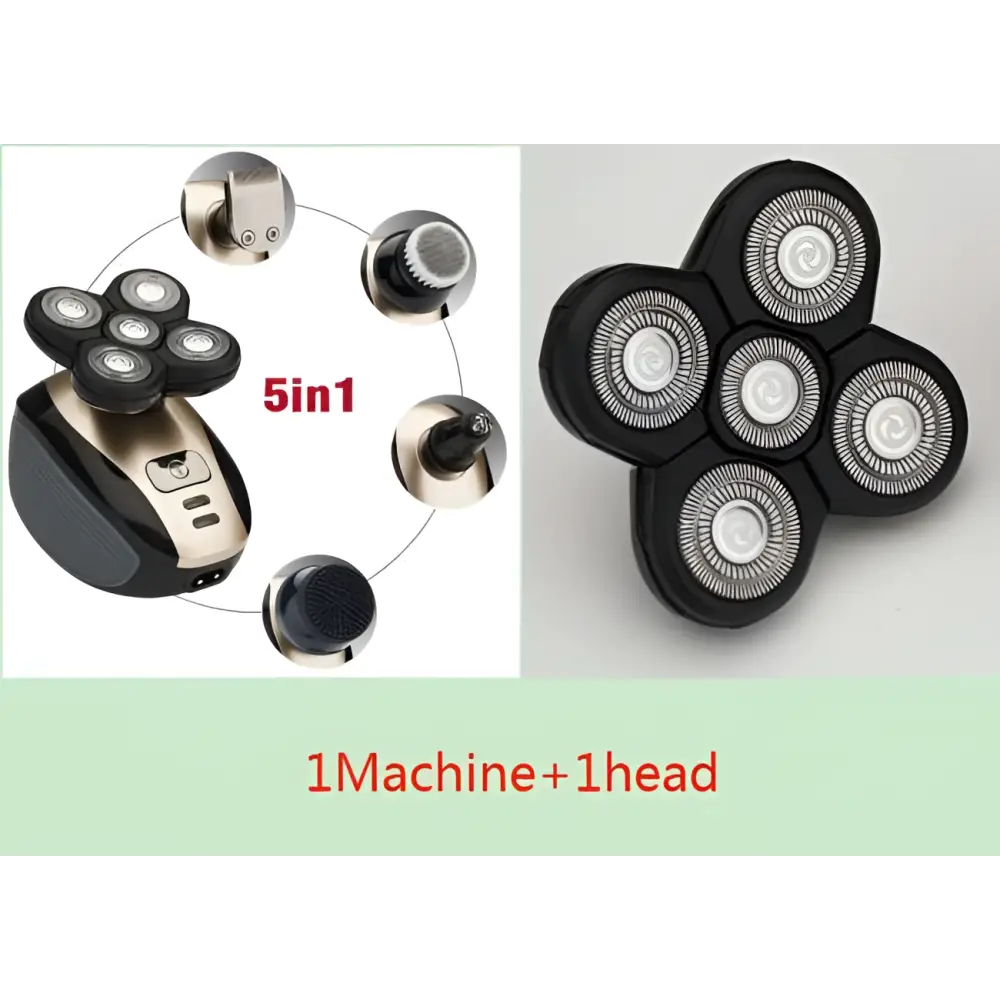 Multifunctional electric shaver in black and silver with five rotary precision heads for versatile grooming needs