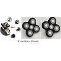 Black multifunctional electric shaver with five rotary precision heads and matching charging base for versatile grooming