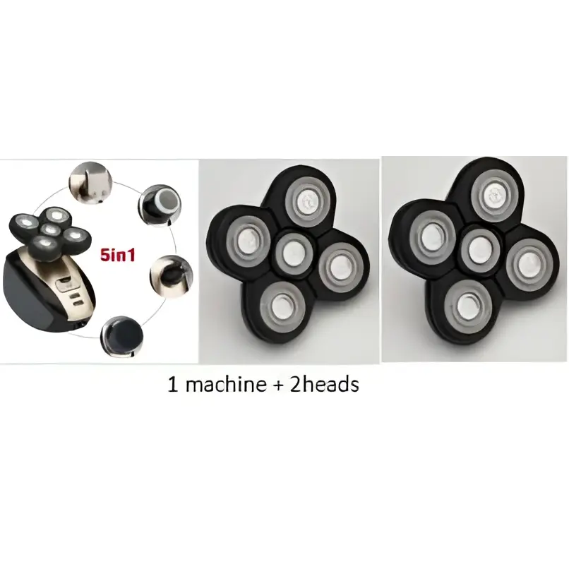 Black multifunctional electric shaver with five rotary precision heads and matching charging base for versatile grooming