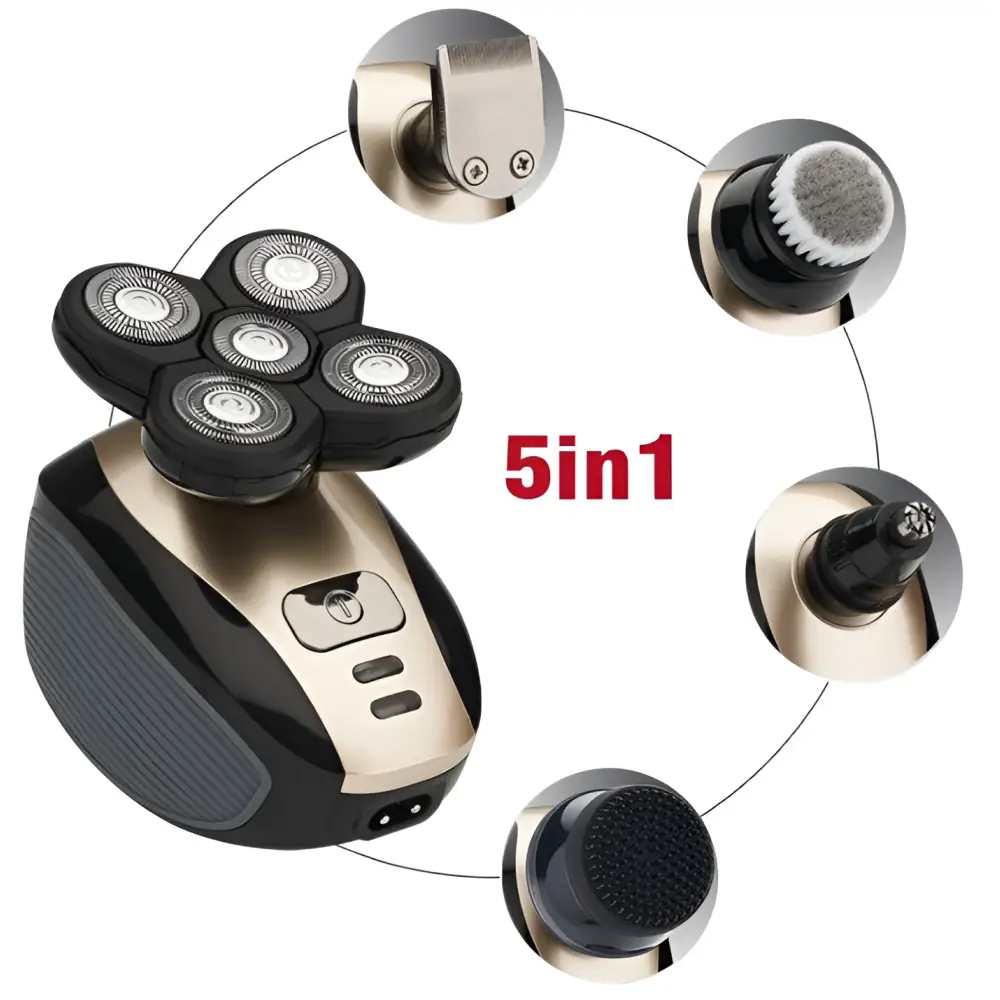 Multifunctional electric shaver with black and gold rotary precision heads and interchangeable attachments for versatile grooming
