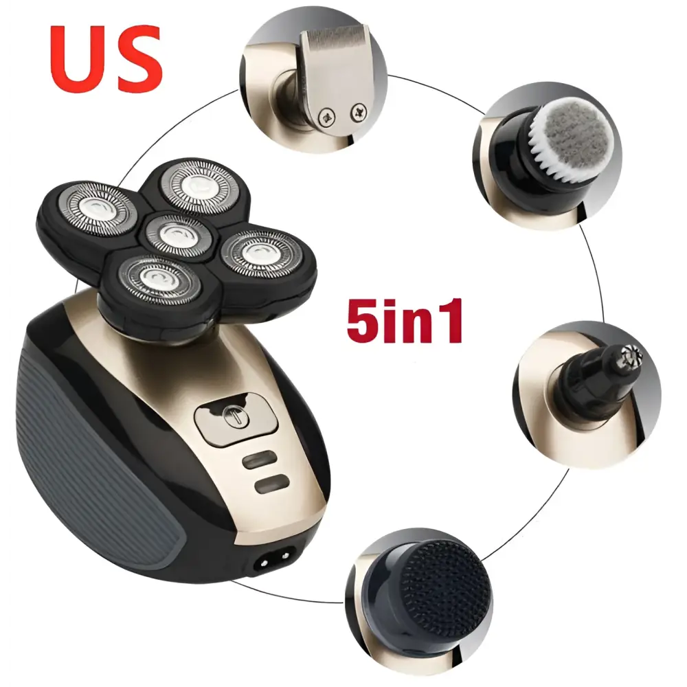 Multifunctional electric shaver in black and gold with rotary precision heads and versatile grooming attachments including trimmer and brush heads